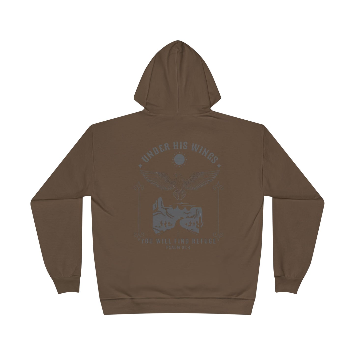 Men’s Christian Hoodie – Under His Wings Psalm 91:4 Faith Pullover with Cross & Eagle Back Design