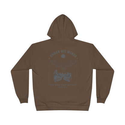 Men’s Christian Hoodie – Under His Wings Psalm 91:4 Faith Pullover with Cross & Eagle Back Design