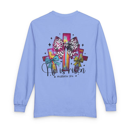 He Is Risen Christian Long Sleeve Shirt | Colorful Cross With Bow Design | Matthew 28:6 Faith Long Sleeve Tee