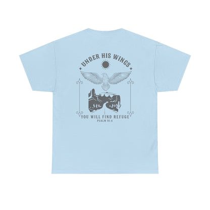 Men’s Christian T-Shirt – Under His Wings Psalm 91:4 | Eagle & Cross Faith Shirt by Gather & Co. LLC