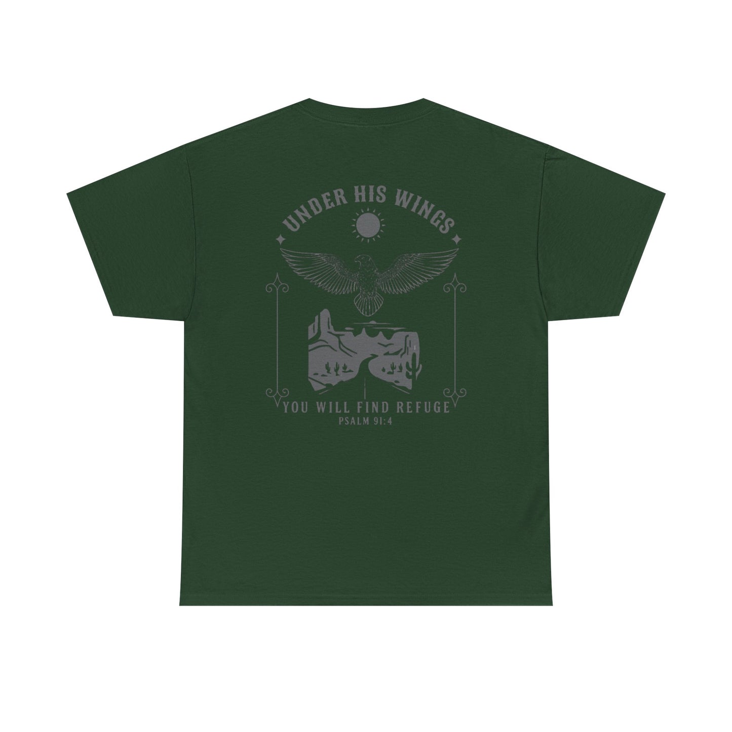 Men’s Christian T-Shirt – Under His Wings Psalm 91:4 | Eagle & Cross Faith Shirt by Gather & Co. LLC