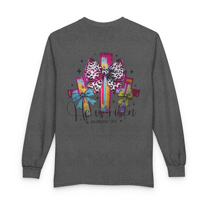 He Is Risen Christian Long Sleeve Shirt | Colorful Cross With Bow Design | Matthew 28:6 Faith Long Sleeve Tee