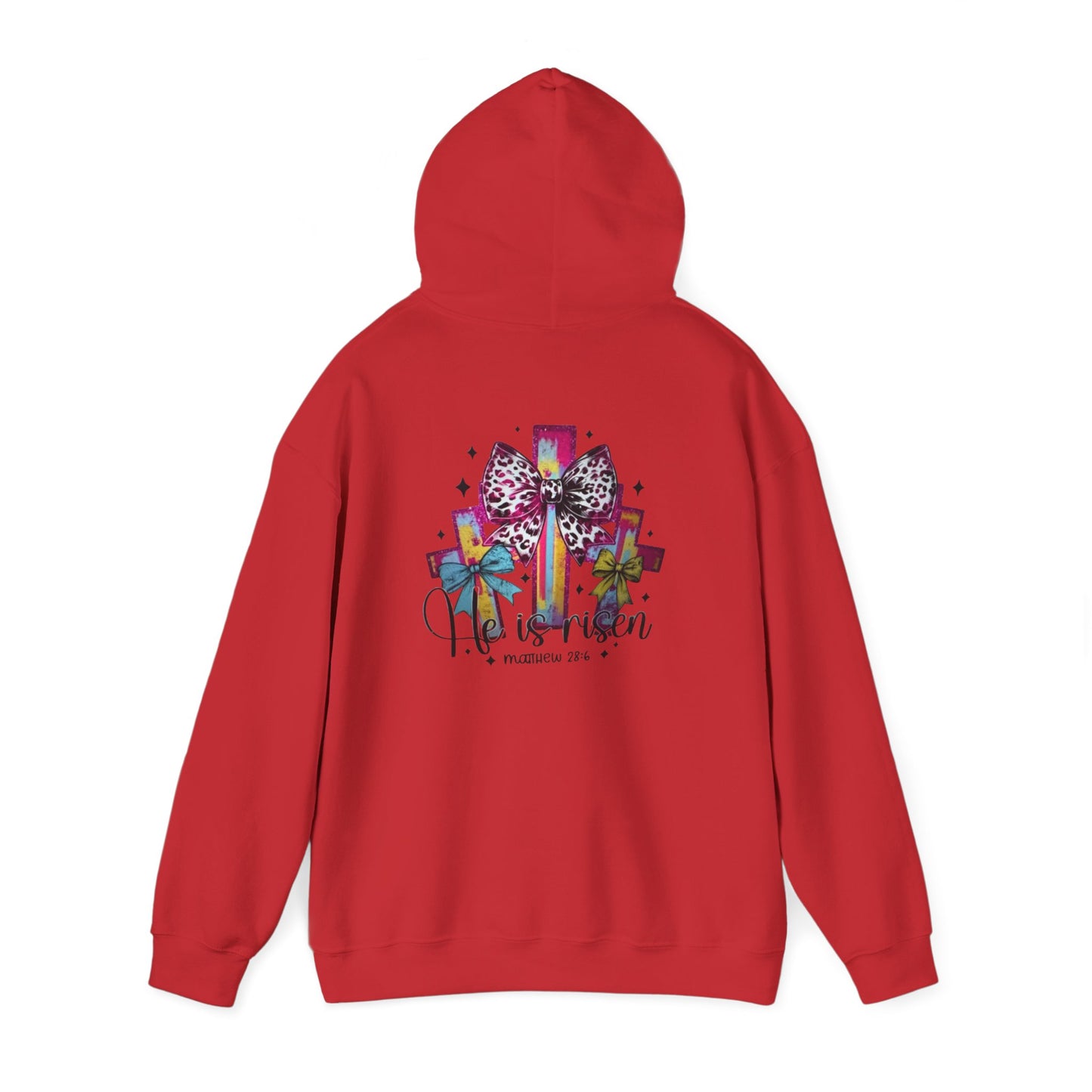 He Is Risen Christian Hoodie | Colorful Cross With Bow Design | Matthew 28:6 Faith Hooded Sweatshirt