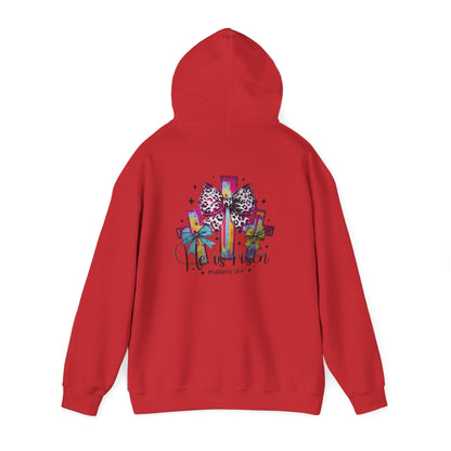 He Is Risen Christian Hoodie | Colorful Cross With Bow Design | Matthew 28:6 Faith Hooded Sweatshirt