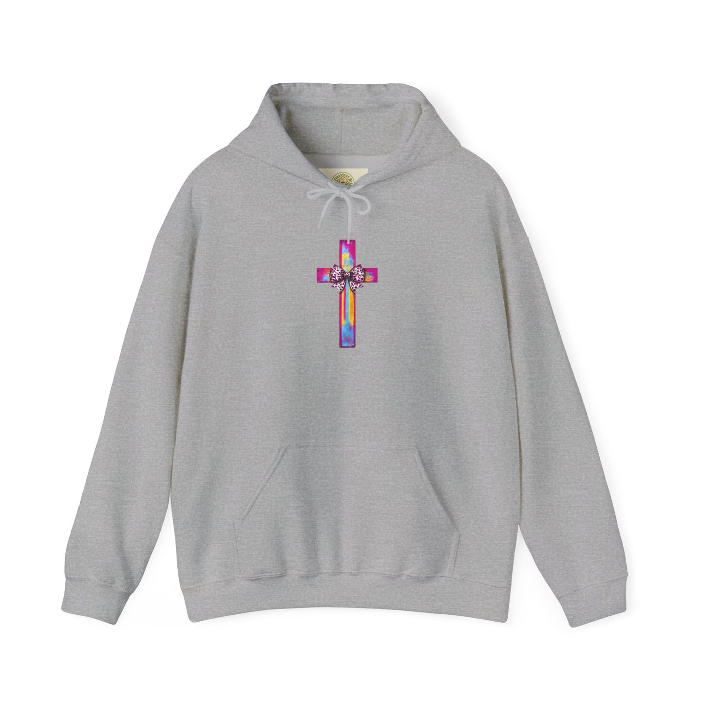 He Is Risen Christian Hoodie | Colorful Cross With Bow Design | Matthew 28:6 Faith Hooded Sweatshirt