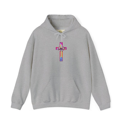 He Is Risen Christian Hoodie | Colorful Cross With Bow Design | Matthew 28:6 Faith Hooded Sweatshirt