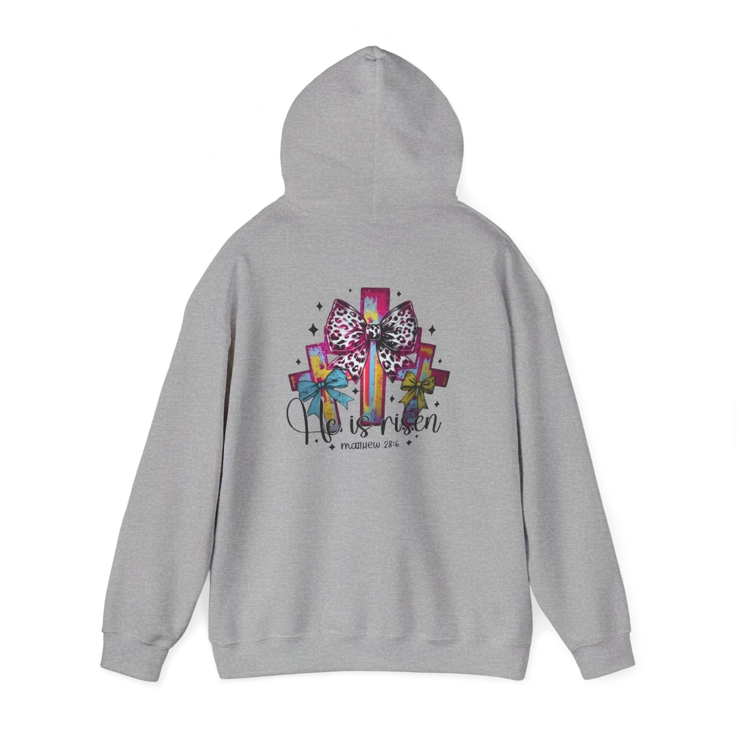 He Is Risen Christian Hoodie | Colorful Cross With Bow Design | Matthew 28:6 Faith Hooded Sweatshirt