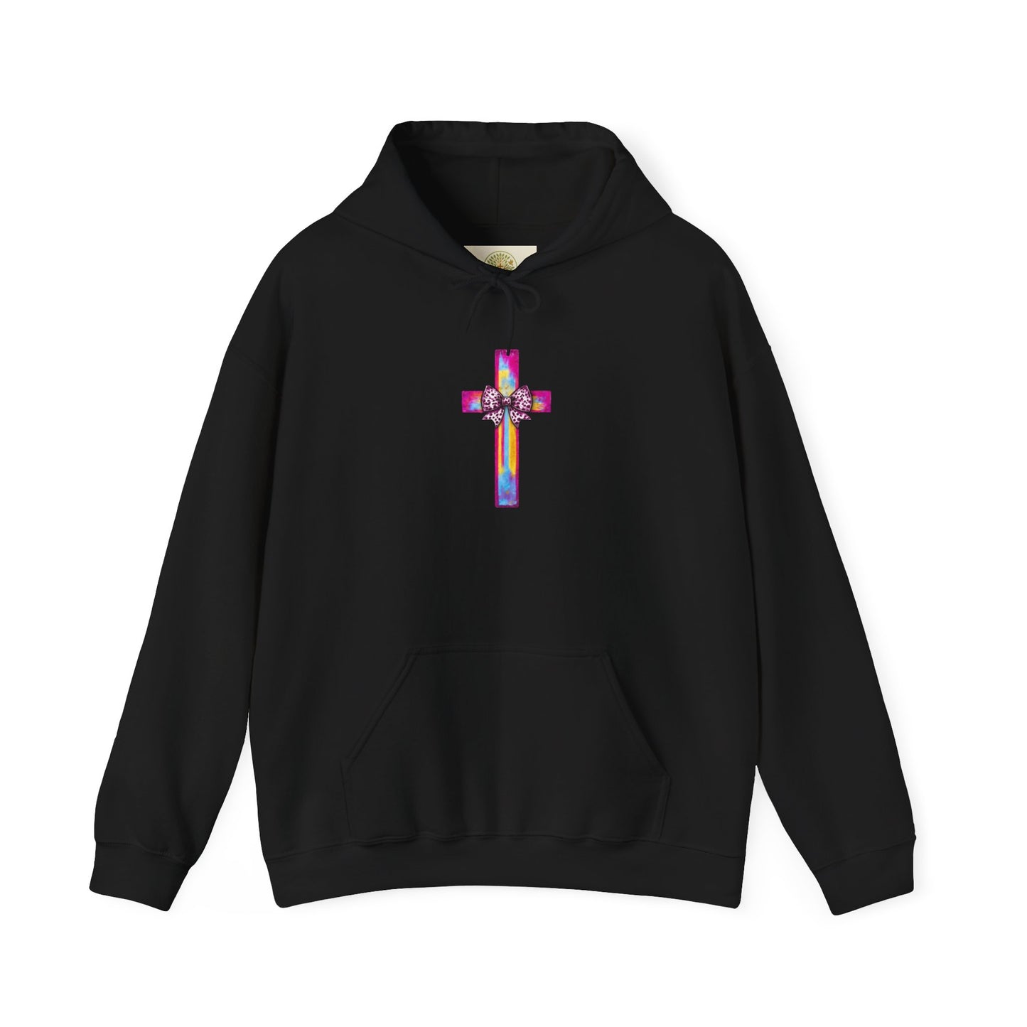 He Is Risen Christian Hoodie | Colorful Cross With Bow Design | Matthew 28:6 Faith Hooded Sweatshirt