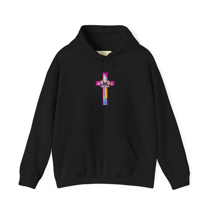 He Is Risen Christian Hoodie | Colorful Cross With Bow Design | Matthew 28:6 Faith Hooded Sweatshirt