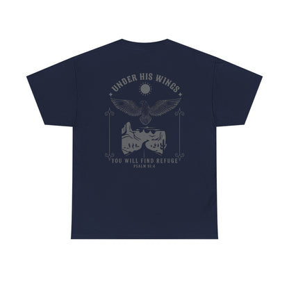 Men’s Christian T-Shirt – Under His Wings Psalm 91:4 | Eagle & Cross Faith Shirt by Gather & Co. LLC