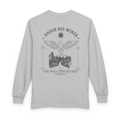 Under His Wings Long-Sleeve Christian T-Shirt for Men & Women – Psalm 91:4 Faith Shirt | Gather & Co. LLC
