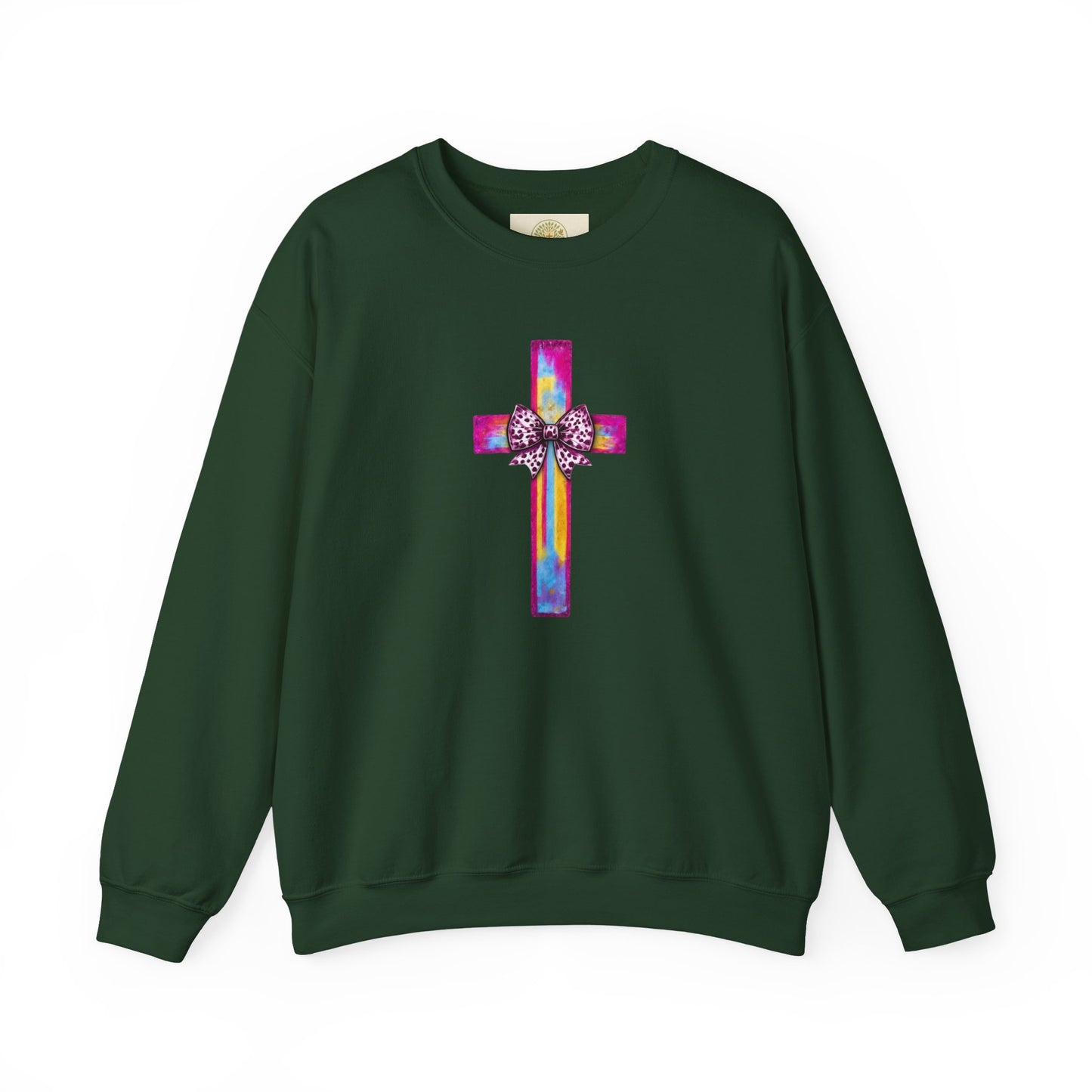 He Is Risen Christian Crewneck Sweatshirt | Colorful Cross With Bow Design | Matthew 28:6 Faith Sweatshirt
