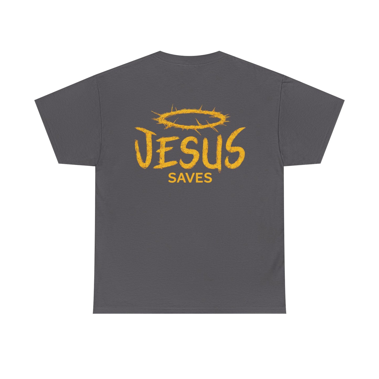 Christian T-Shirt — Yellow ‘Jesus Saves’ Halo Smiley Tee
