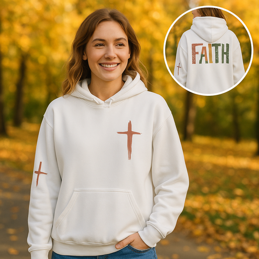 FAITH Christian Hoodie – Cross & Scripture Design | Unisex Christian Sweatshirt | Gather & Co. LLC