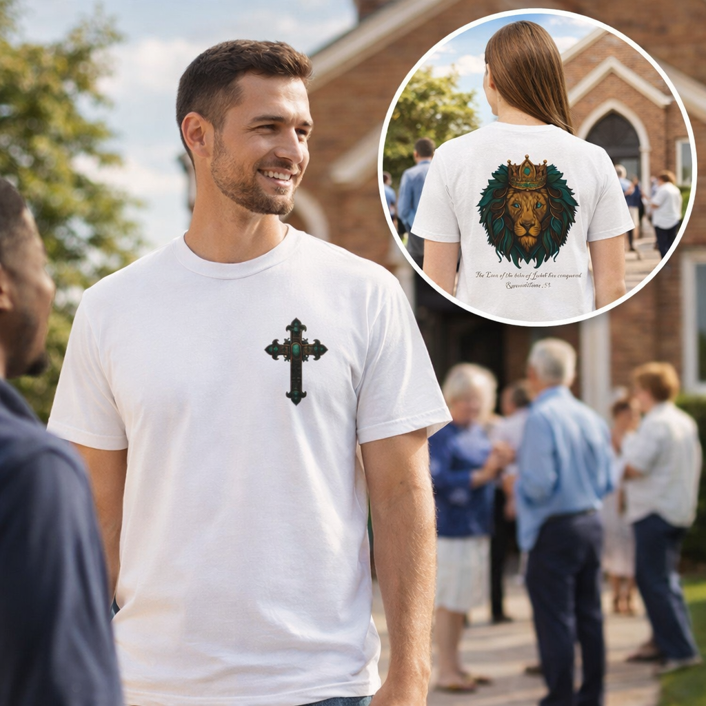 Lion of Judah Christian T-Shirt – Unisex Considered Cross Faith Tee | Revelation 5:5 | Gather & Co. LLC