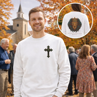Lion of Judah Christian Crew Neck Sweatshirt – Unisex Faith Sweatshirt with Cross & Revelation 5:5 Back Design