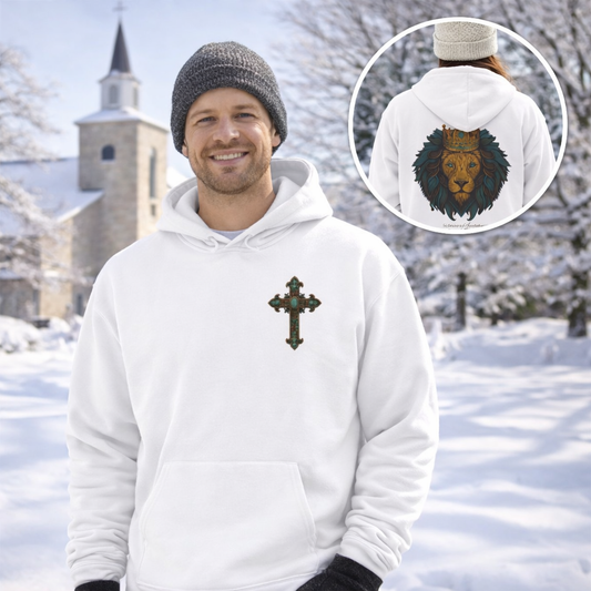 Lion of Judah Christian Hooded Sweatshirt – Unisex Faith Hoodie with Cross & Revelation 5:5 Design