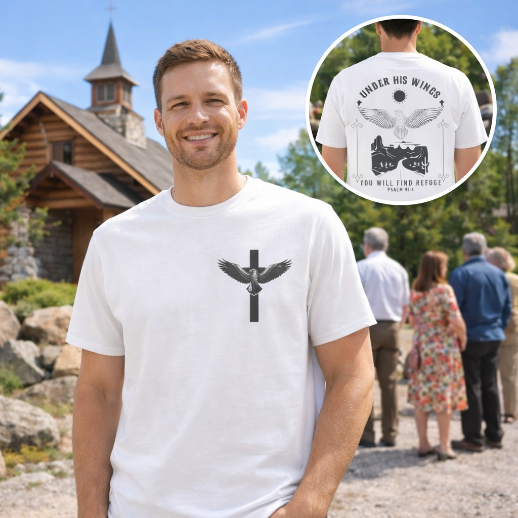 Men’s Christian T-Shirt – Under His Wings Psalm 91:4 | Eagle & Cross Faith Shirt by Gather & Co. LLC