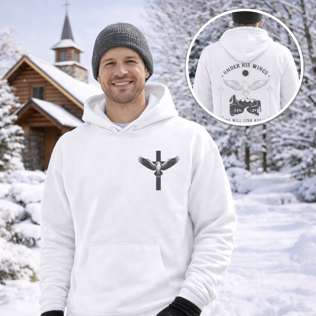Men’s Christian Hoodie – Under His Wings Psalm 91:4 Faith Pullover with Cross & Eagle Back Design