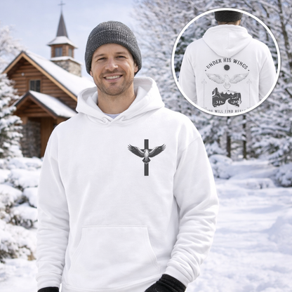 Men’s Christian Hoodie – Under His Wings Psalm 91:4 Faith Pullover with Cross & Eagle Back Design