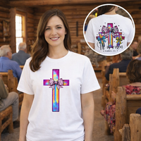 He Is Risen Christian Cross T-Shirt – Colorful Bow Cross Design | Matthew 28:6 Faith Tee