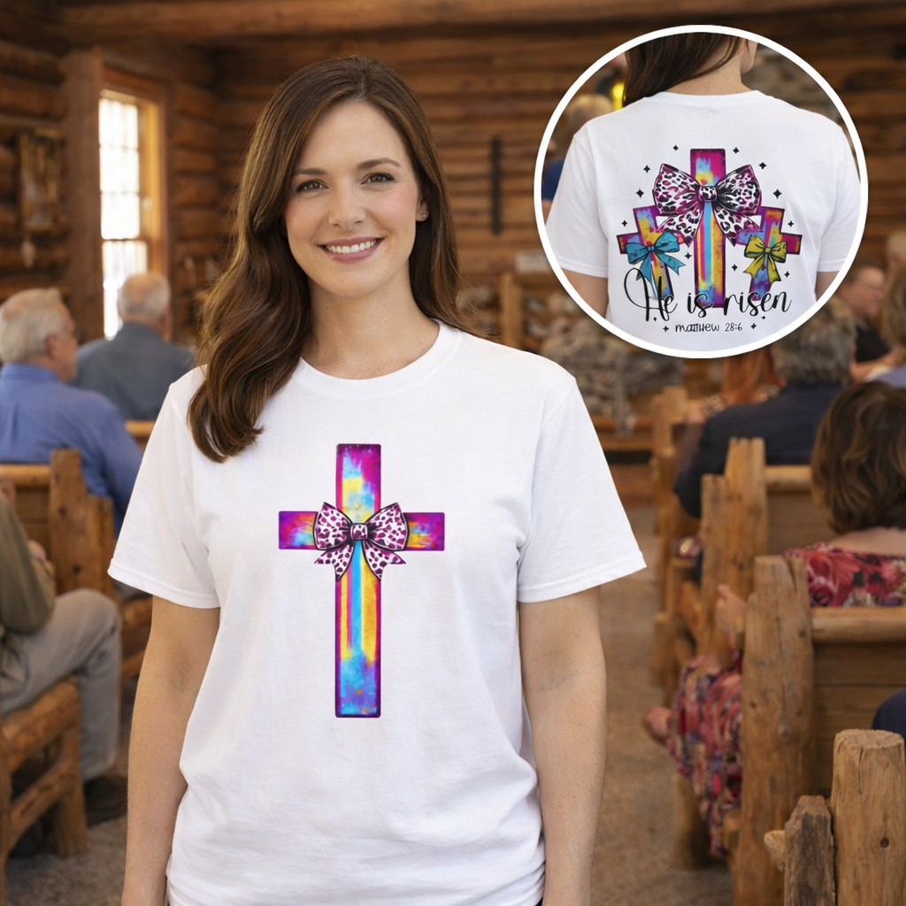 He Is Risen Christian Cross T-Shirt – Colorful Bow Cross Design | Matthew 28:6 Faith Tee