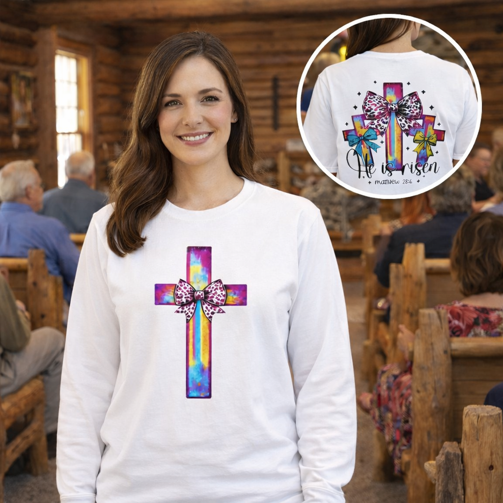 He Is Risen Christian Long Sleeve Shirt | Colorful Cross With Bow Design | Matthew 28:6 Faith Long Sleeve Tee