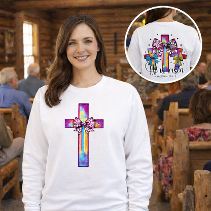 He Is Risen Christian Crewneck Sweatshirt | Colorful Cross With Bow Design | Matthew 28:6 Faith Sweatshirt