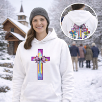 He Is Risen Christian Hoodie | Colorful Cross With Bow Design | Matthew 28:6 Faith Hooded Sweatshirt