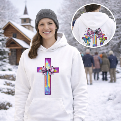 He Is Risen Christian Hoodie | Colorful Cross With Bow Design | Matthew 28:6 Faith Hooded Sweatshirt