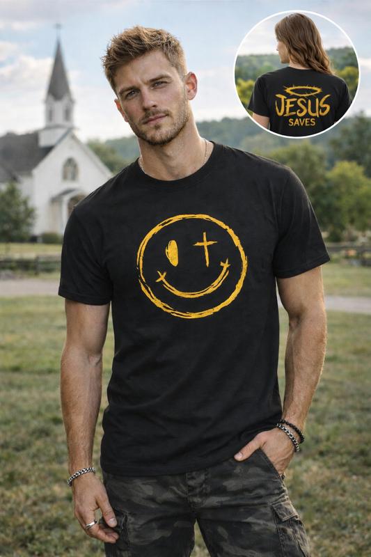 Christian T-Shirt — Yellow ‘Jesus Saves’ Halo Smiley Tee