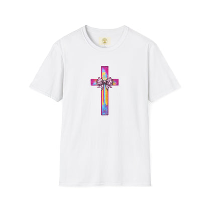 He Is Risen Christian Cross T-Shirt – Colorful Bow Cross Design | Matthew 28:6 Faith Tee