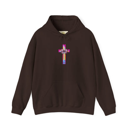 He Is Risen Christian Hoodie | Colorful Cross With Bow Design | Matthew 28:6 Faith Hooded Sweatshirt