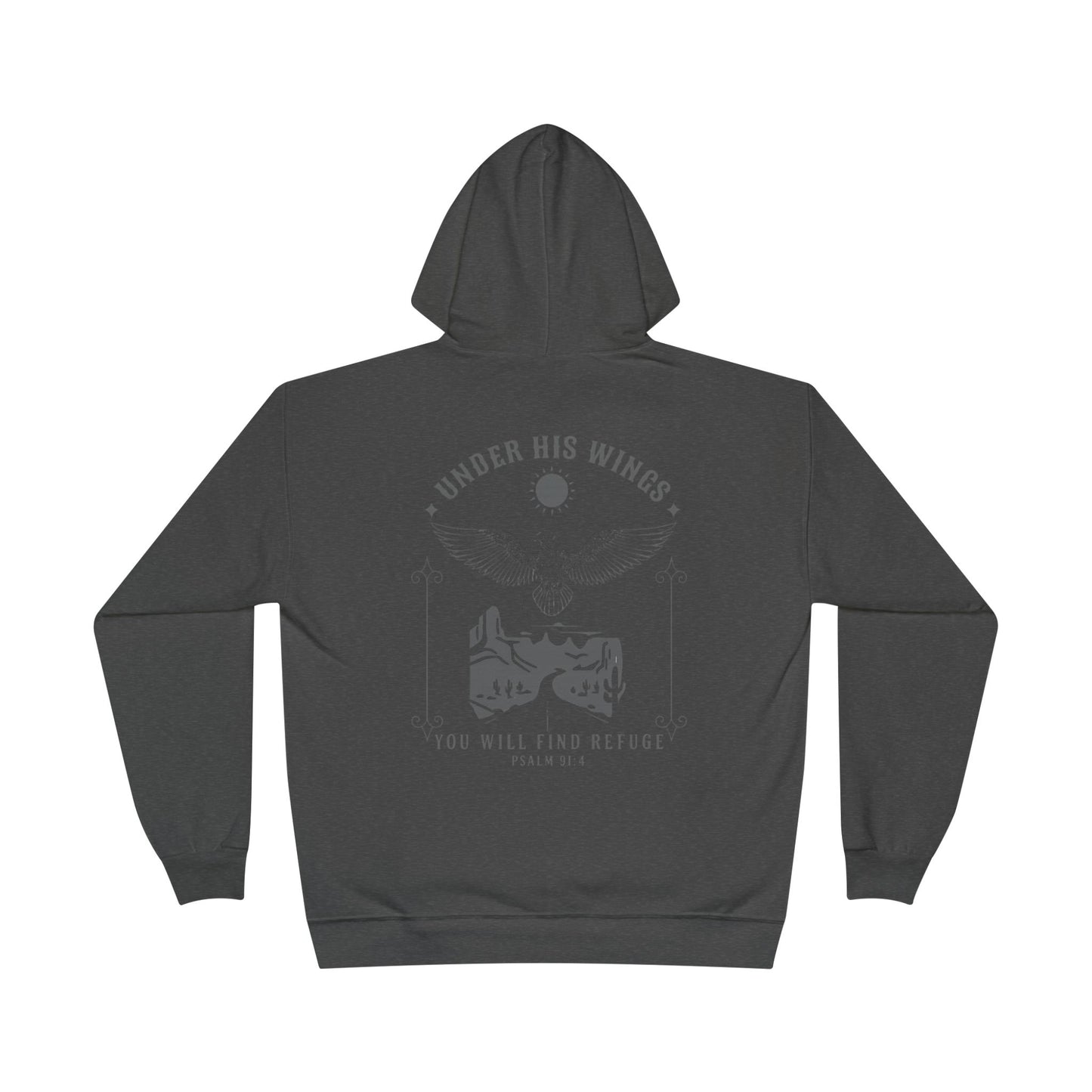 Men’s Christian Hoodie – Under His Wings Psalm 91:4 Faith Pullover with Cross & Eagle Back Design
