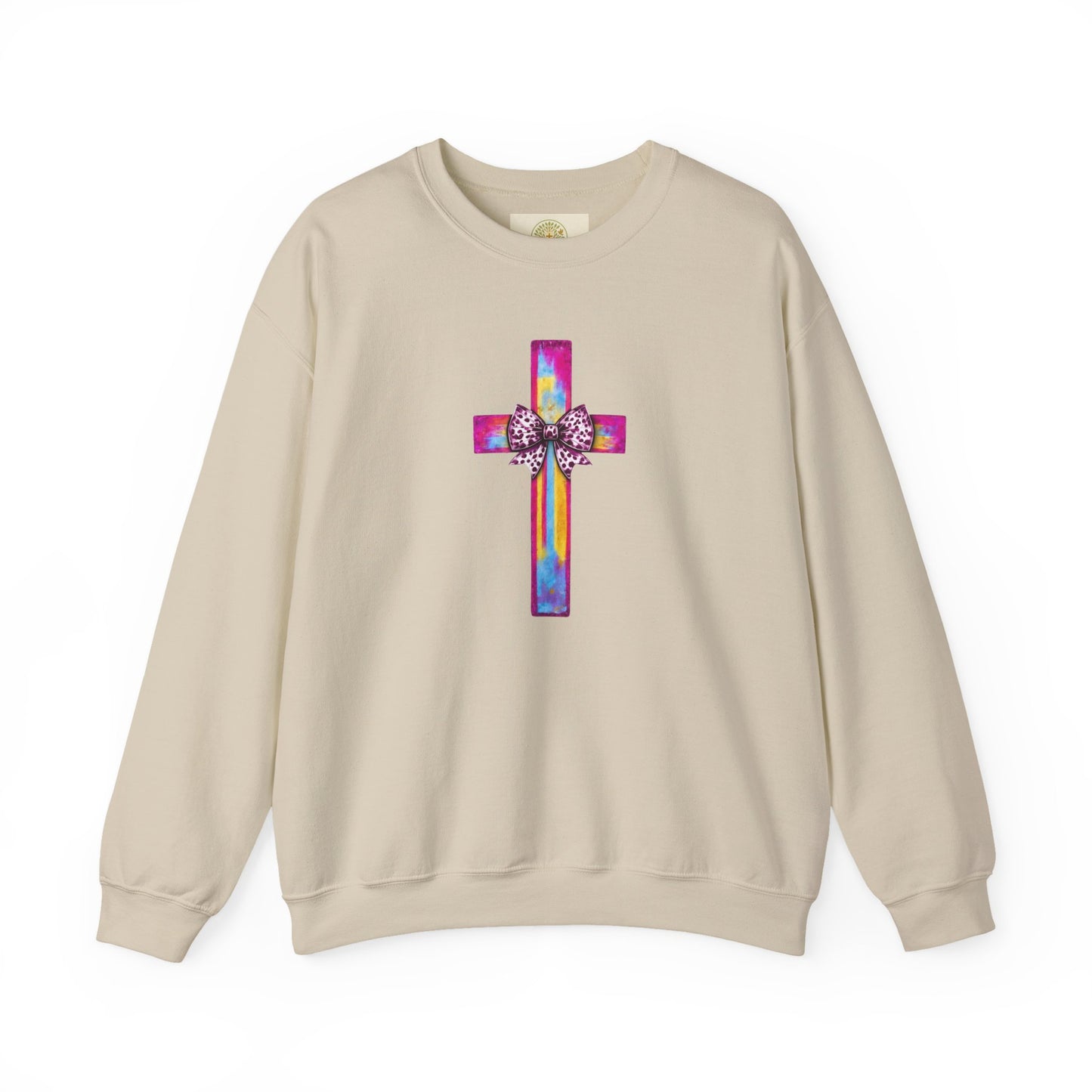 He Is Risen Christian Crewneck Sweatshirt | Colorful Cross With Bow Design | Matthew 28:6 Faith Sweatshirt