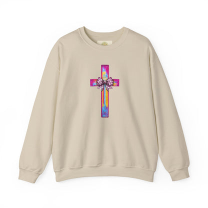 He Is Risen Christian Crewneck Sweatshirt | Colorful Cross With Bow Design | Matthew 28:6 Faith Sweatshirt