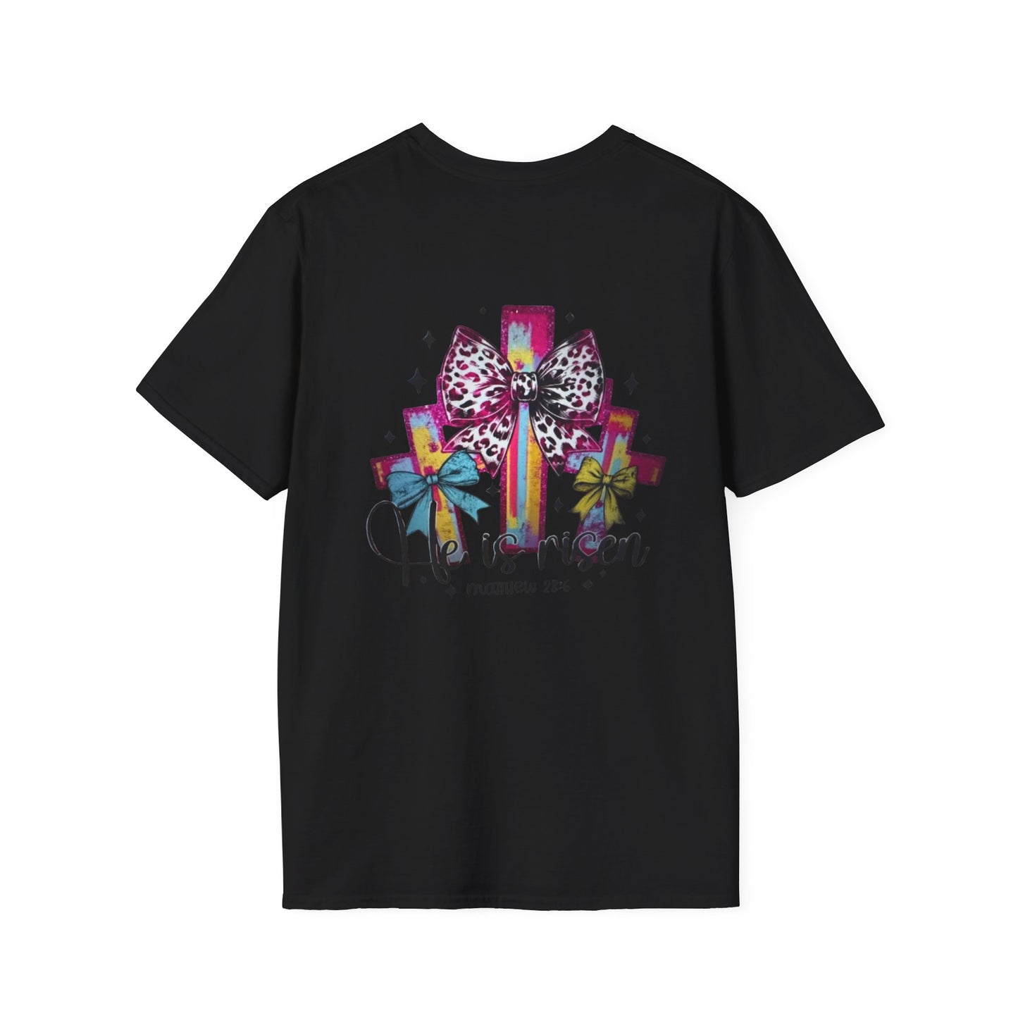 He Is Risen Christian Cross T-Shirt – Colorful Bow Cross Design | Matthew 28:6 Faith Tee
