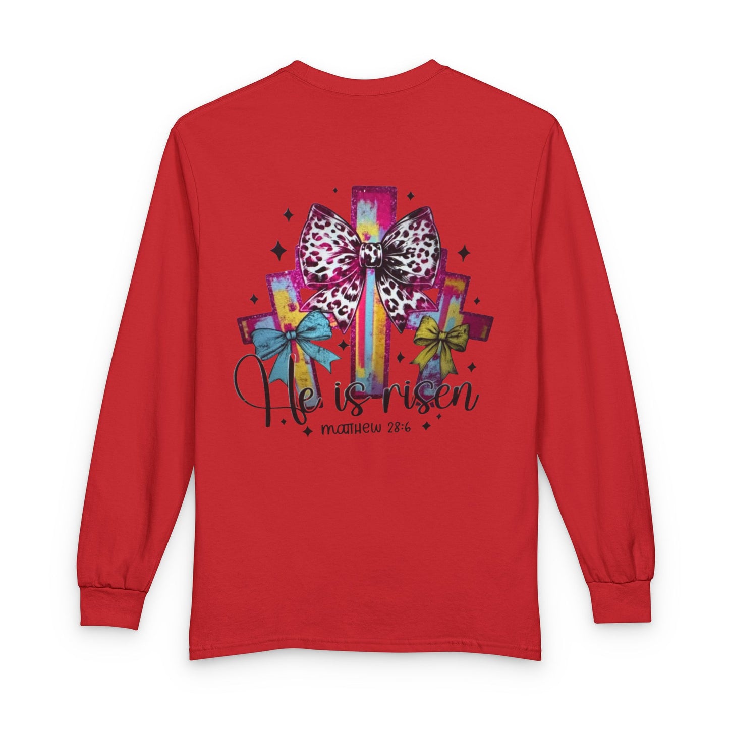 He Is Risen Christian Long Sleeve Shirt | Colorful Cross With Bow Design | Matthew 28:6 Faith Long Sleeve Tee