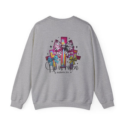 He Is Risen Christian Crewneck Sweatshirt | Colorful Cross With Bow Design | Matthew 28:6 Faith Sweatshirt