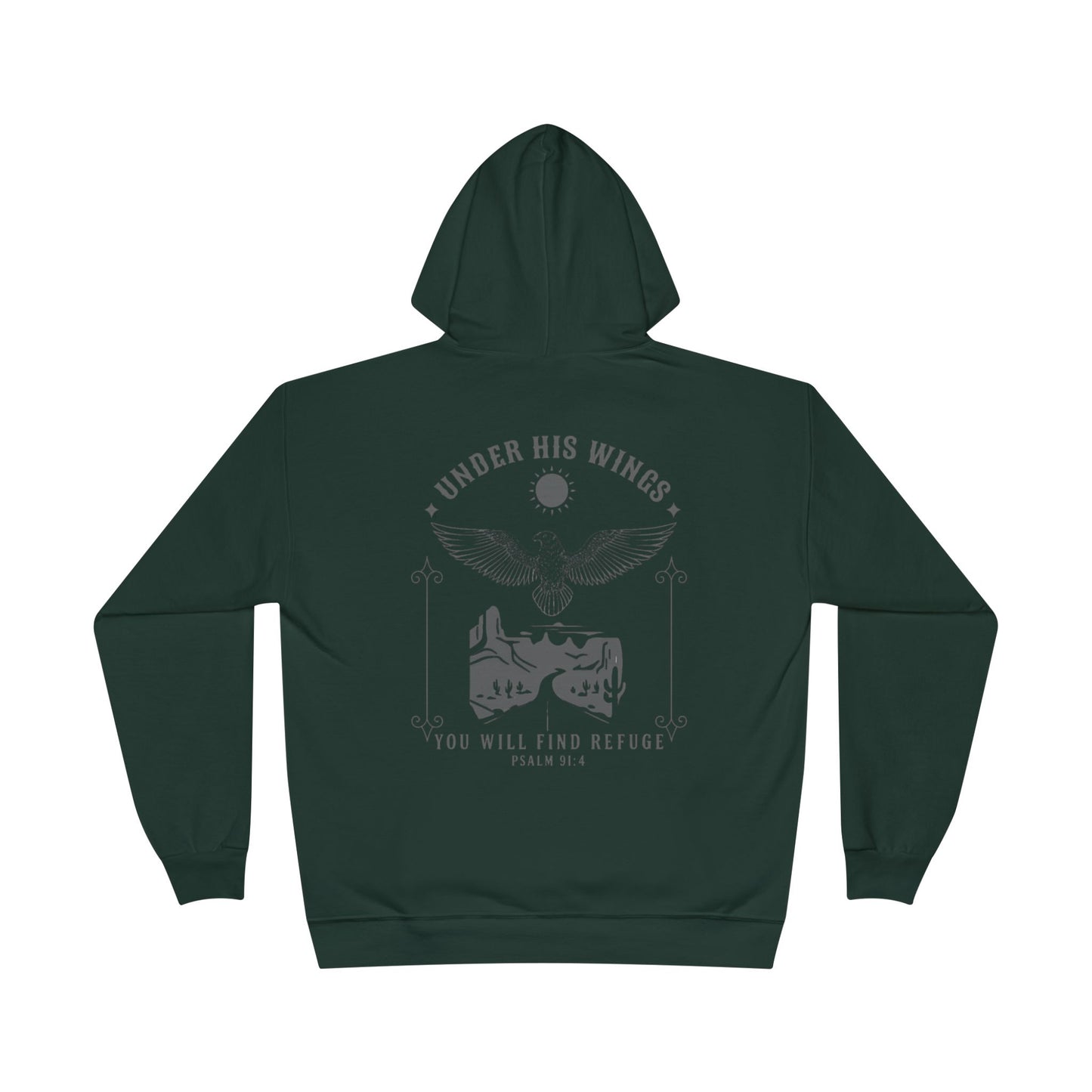 Men’s Christian Hoodie – Under His Wings Psalm 91:4 Faith Pullover with Cross & Eagle Back Design