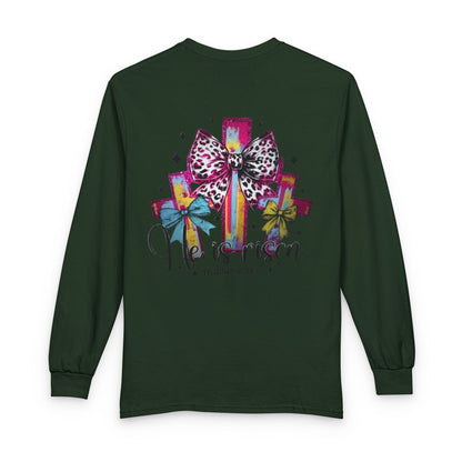 He Is Risen Christian Long Sleeve Shirt | Colorful Cross With Bow Design | Matthew 28:6 Faith Long Sleeve Tee