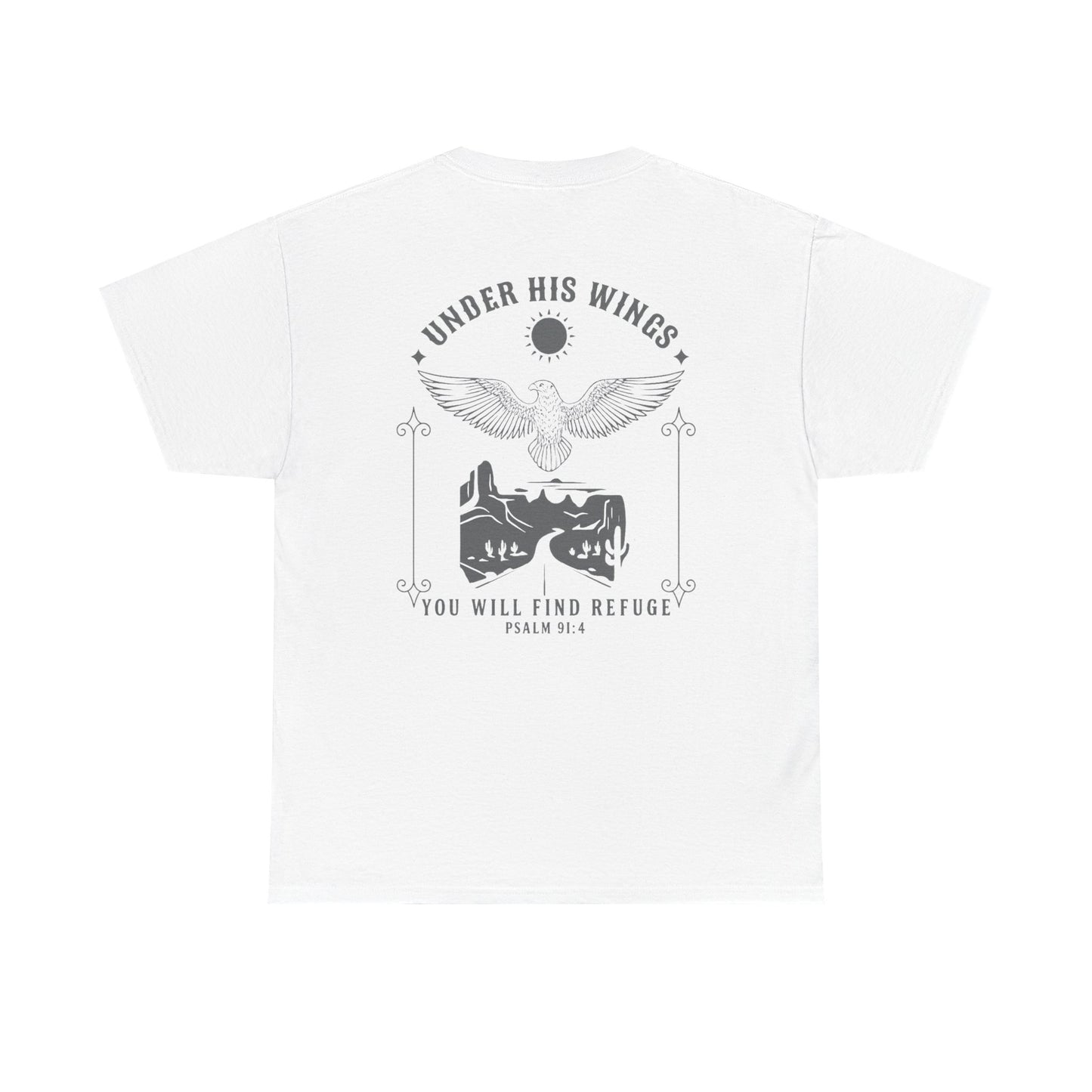 Men’s Christian T-Shirt – Under His Wings Psalm 91:4 | Eagle & Cross Faith Shirt by Gather & Co. LLC
