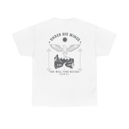 Men’s Christian T-Shirt – Under His Wings Psalm 91:4 | Eagle & Cross Faith Shirt by Gather & Co. LLC
