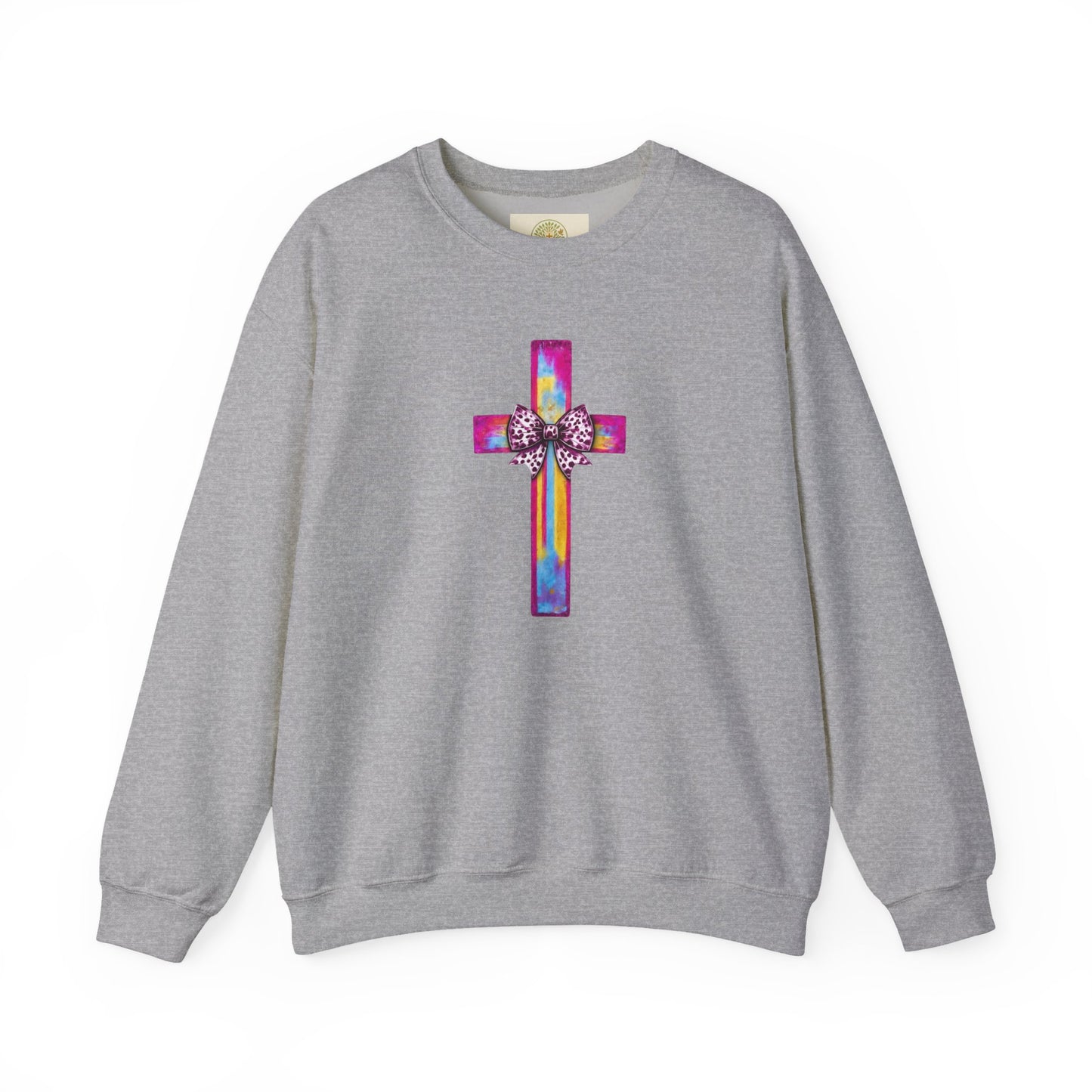 He Is Risen Christian Crewneck Sweatshirt | Colorful Cross With Bow Design | Matthew 28:6 Faith Sweatshirt