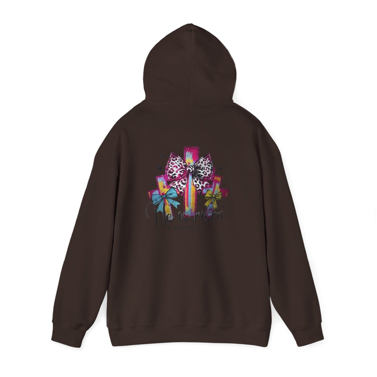 He Is Risen Christian Hoodie | Colorful Cross With Bow Design | Matthew 28:6 Faith Hooded Sweatshirt