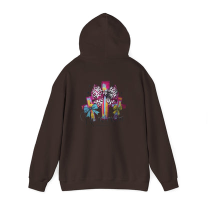He Is Risen Christian Hoodie | Colorful Cross With Bow Design | Matthew 28:6 Faith Hooded Sweatshirt