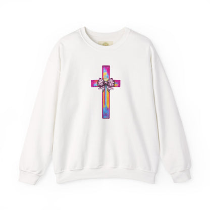 He Is Risen Christian Crewneck Sweatshirt | Colorful Cross With Bow Design | Matthew 28:6 Faith Sweatshirt