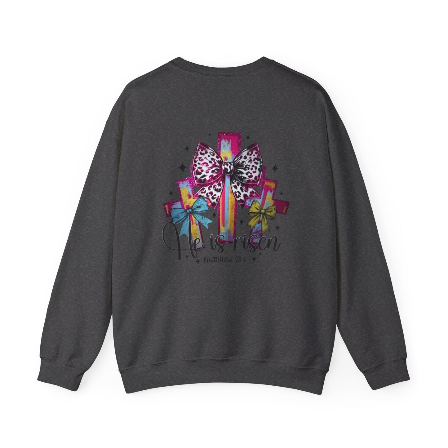 He Is Risen Christian Crewneck Sweatshirt | Colorful Cross With Bow Design | Matthew 28:6 Faith Sweatshirt