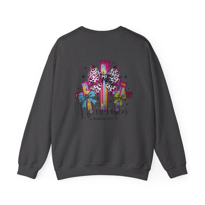 He Is Risen Christian Crewneck Sweatshirt | Colorful Cross With Bow Design | Matthew 28:6 Faith Sweatshirt