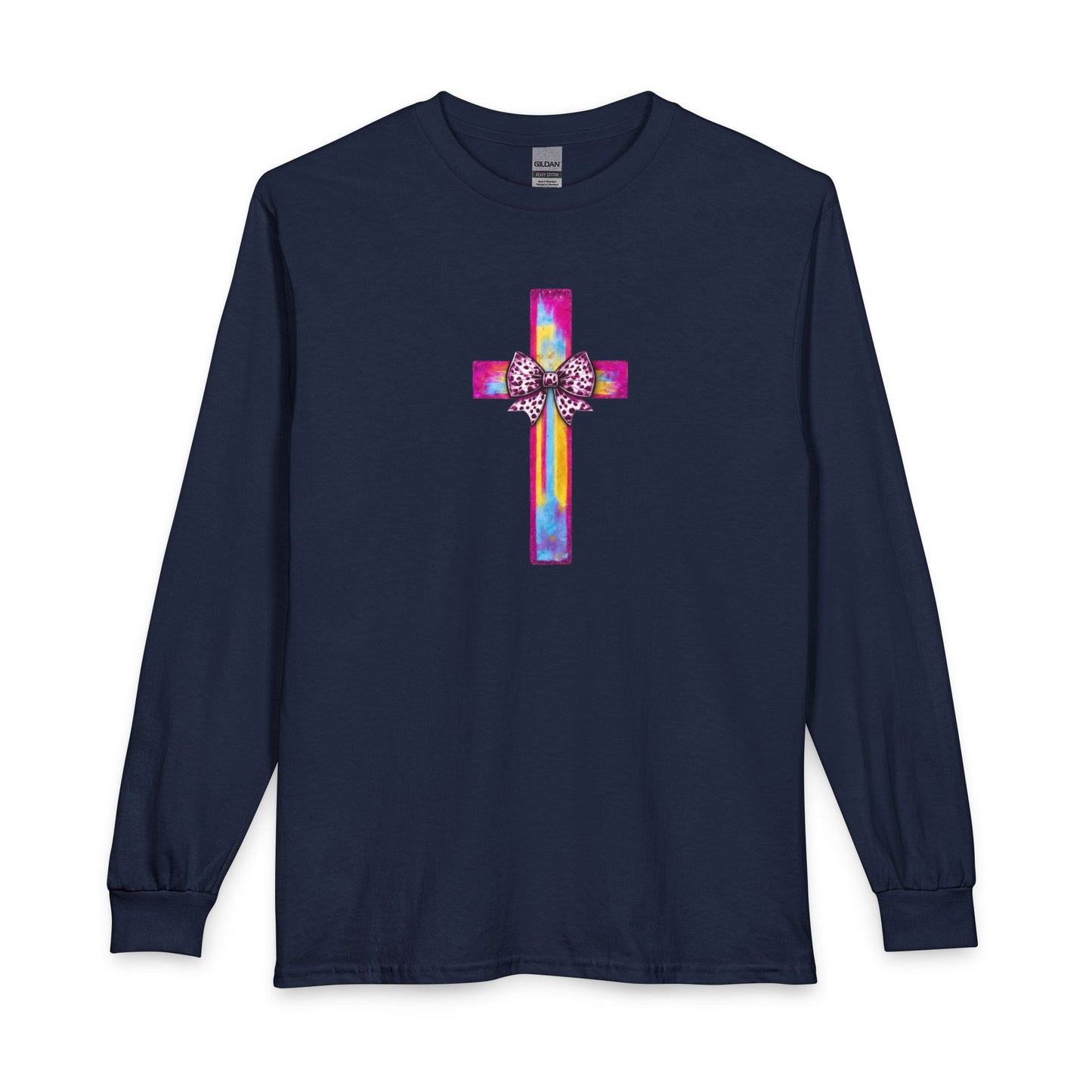 He Is Risen Christian Long Sleeve Shirt | Colorful Cross With Bow Design | Matthew 28:6 Faith Long Sleeve Tee
